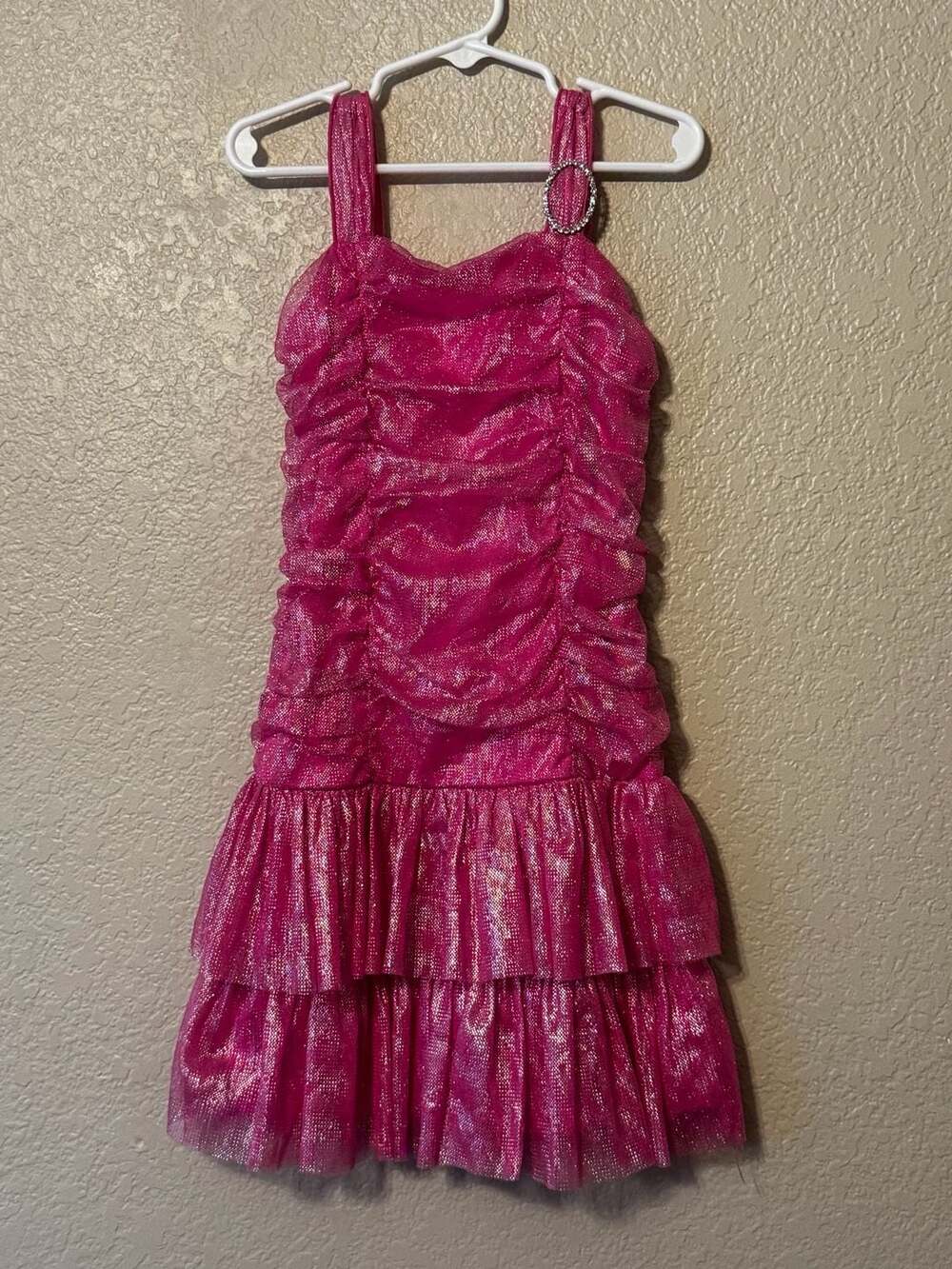 Amy's Closet Girls Sparkly Hot Pink Ruched Tiered Party Dress Size 6